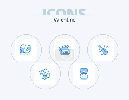 Illustration for Valentine Blue Icon Pack 5 Icon Design. song. wedding. firework. heart. tecket - Royalty Free Image