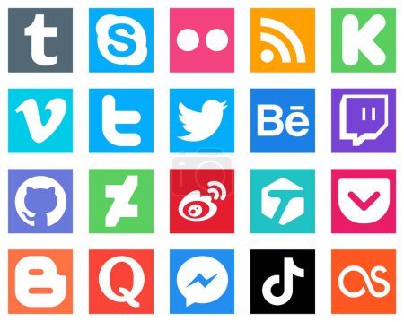 Illustration for 20 Popular Social Media Icons such as weibo; github; funding; twitch and tweet icons. Elegant and high resolution - Royalty Free Image
