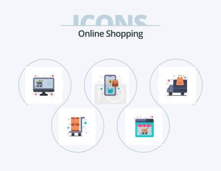 Téléchargez les illustrations : Online Shopping Flat Icon Pack 5 Icon Design. delivery. purchase. buy. order. list - en licence libre de droit