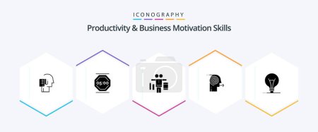 Ilustración de Productivity And Business Motivation Skills 25 Glyph icon pack including focus. business. work. focusing solutions. play - Imagen libre de derechos