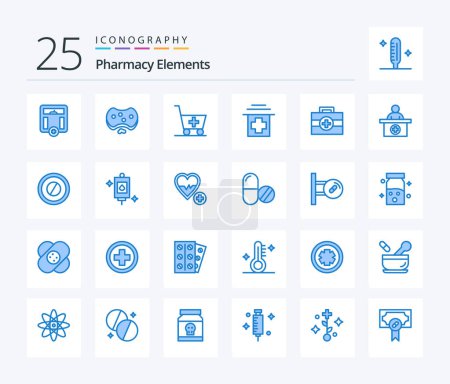 Ilustración de Pharmacy Elements 25 Blue Color icon pack including kit. medical. soap. hospital. - Imagen libre de derechos
