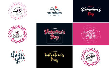 Téléchargez les illustrations : Happy Valentine's Day typography design with a heart-shaped wreath and a watercolor texture - en licence libre de droit