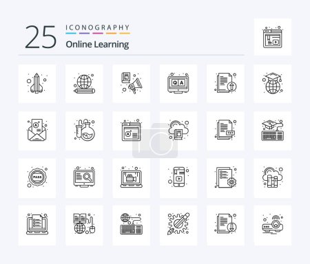 Illustration for Online Learning 25 Line icon pack including documents. online. knowledge. education. online - Royalty Free Image