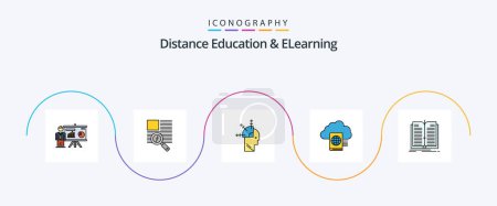 Téléchargez les illustrations : Distance Education And Elearning Line Filled Flat 5 Icon Pack Including application. folder. reading. reading. art - en licence libre de droit