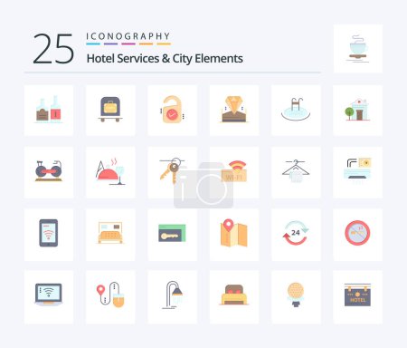 Téléchargez les illustrations : Hotel Services And City Elements 25 Flat Color icon pack including pool. hotel. tag . jewel. brilliant - en licence libre de droit