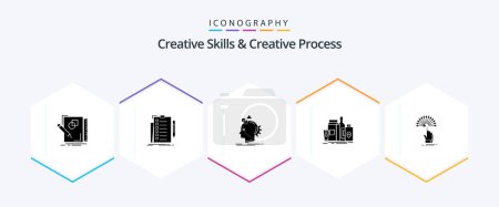 Téléchargez les illustrations : Creative Skills And Creative Process 25 Glyph icon pack including marketing. packaging. list. process. imagine - en licence libre de droit