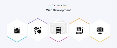 Illustration for Web Development 25 Glyph icon pack including web page. web. data storage. program. code - Royalty Free Image