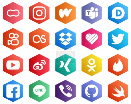Illustration for 25 Simple White Icons such as youtube. twitter. microsoft team. likee and lastfm icons. Hexagon Flat Color Backgrounds - Royalty Free Image