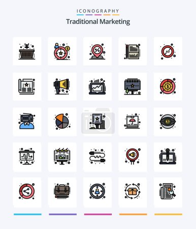 Téléchargez les illustrations : Creative Traditional Marketing 25 Line FIlled icon pack  Such As ad block. sheet. discount. report. balance - en licence libre de droit