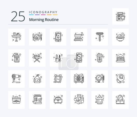 Illustration for Morning Routine 25 Line icon pack including shaving. razor. mobile. fry. cooking - Royalty Free Image