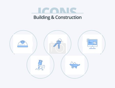 Téléchargez les illustrations : Building And Construction Blue Icon Pack 5 Icon Design. house. keys. garden. construction. engineer - en licence libre de droit