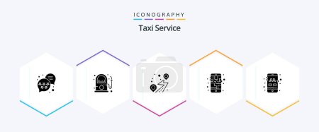 Téléchargez les illustrations : Taxi Service 25 Glyph icon pack including taxi. app. pin. route. mobile - en licence libre de droit