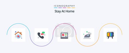 Téléchargez les illustrations : Stay At Home Flat 5 Icon Pack Including television. steaming. support. ironing. video - en licence libre de droit