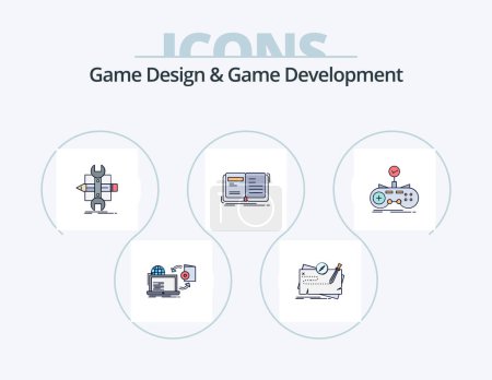 Ilustración de Game Design And Game Development Line Filled Icon Pack 5 Icon Design. event. calendar. gamepad. storytelling. open - Imagen libre de derechos