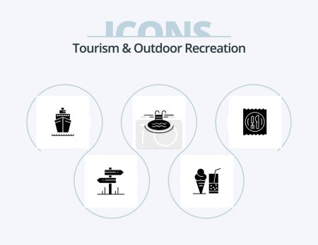 Téléchargez les illustrations : Tourism And Outdoor Recreation Glyph Icon Pack 5 Icon Design. hotel. serves. boat. hotel. swimming - en licence libre de droit
