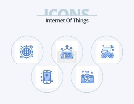 Téléchargez les illustrations : Internet Of Things Blue Icon Pack 5 Icon Design. controls. iot. wifi. internet of things. house - en licence libre de droit