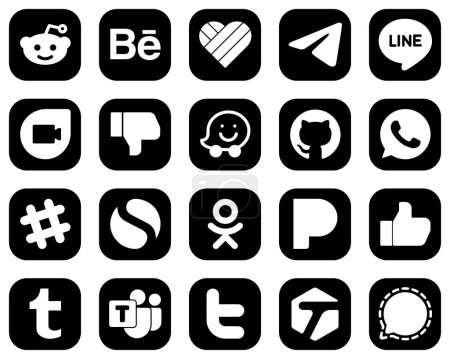 Téléchargez les illustrations : 20 Creative White Social Media Icons on Black Background such as like. odnoklassniki. dislike. simple and whatsapp icons. Fully editable and versatile - en licence libre de droit