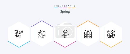 Téléchargez les illustrations : Spring 25 Line icon pack including flora. gardening. cloud rain. garden. rain - en licence libre de droit