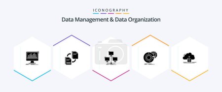 Ilustración de Data Management And Data Organization 25 Glyph icon pack including analysis. data. document. computer. connection - Imagen libre de derechos