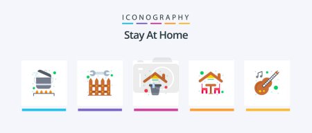 Téléchargez les illustrations : Stay At Home Flat 5 Icon Pack Including night. home. work. dinner. bucket. Creative Icons Design - en licence libre de droit