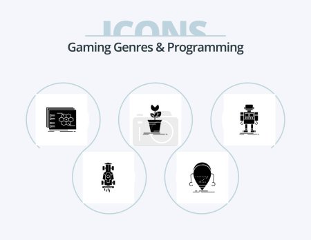 Illustration for Gaming Genres And Programming Glyph Icon Pack 5 Icon Design. mario. adventure. robot. tactical. strategy - Royalty Free Image