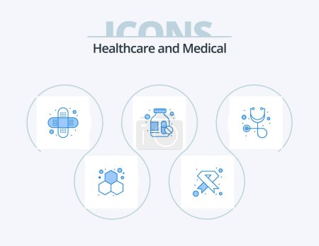 Illustration for Medical Blue Icon Pack 5 Icon Design. stethoscope. diagnosis. ribbon. pills. drugs - Royalty Free Image