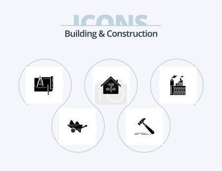 Téléchargez les illustrations : Building And Construction Glyph Icon Pack 5 Icon Design. home. paper. tool. construction. architecture - en licence libre de droit