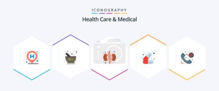Téléchargez les illustrations : Health Care And Medical 25 Flat icon pack including call. health. herbal. cosmetics. medical - en licence libre de droit