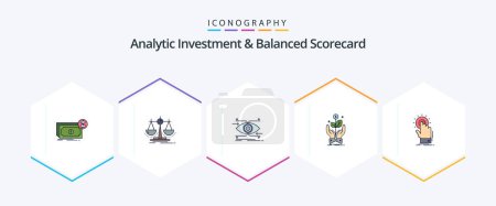 Ilustración de Analytic Investment And Balanced Scorecard 25 FilledLine icon pack including growth. business. law. vision. focus - Imagen libre de derechos