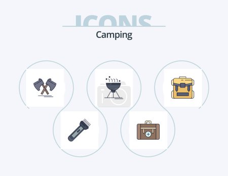 Téléchargez les illustrations : Camping Line Filled Icon Pack 5 Icon Design. weather. hiking. radio. sun. nature - en licence libre de droit