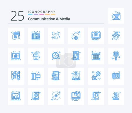 Illustration for Communication And Media 25 Blue Color icon pack including news. computer. paper. arrow. down - Royalty Free Image