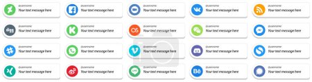 Ilustración de Social Media Platform Card Style Follow Me Icons with Customizable Message 20 pack such as messenger. wechat. vk. lastfm and kickstarter icons. High quality and modern - Imagen libre de derechos