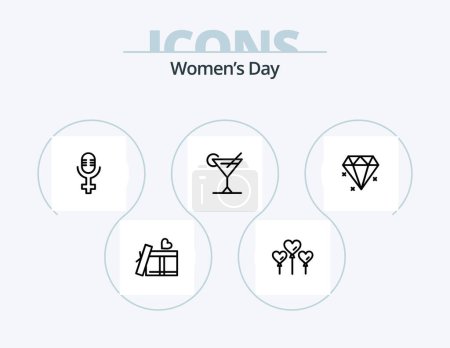 Téléchargez les illustrations : Womens Day Line Icon Pack 5 Icon Design. red rose. blossom. calendar. feminism. medal - en licence libre de droit
