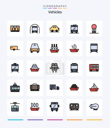 Téléchargez les illustrations : Creative Vehicles 25 Line FIlled icon pack  Such As hot. air. automobile. trolley bus. bus - en licence libre de droit