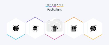 Téléchargez les illustrations : Public Signs 25 Glyph icon pack including fire. dustbin. public transport. bus - en licence libre de droit