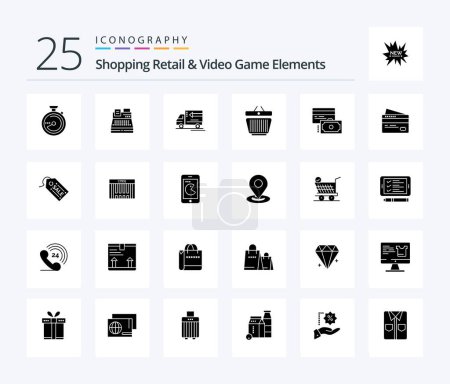 Illustration for Shoping Retail And Video Game Elements 25 Solid Glyph icon pack including credit. cart. truck . shopping. basket - Royalty Free Image