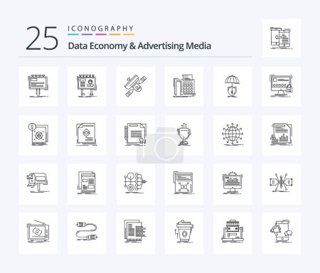 Illustration for Data Economy And Advertising Media 25 Line icon pack including telephone. fax. poster. transmitter. radio - Royalty Free Image