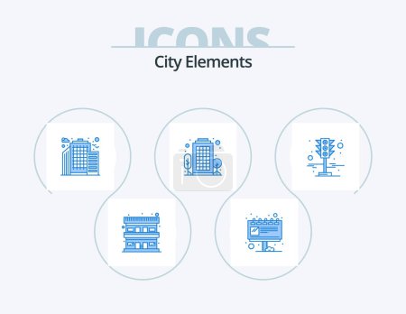 Téléchargez les illustrations : City Elements Blue Icon Pack 5 Icon Design. traffic lights. signal. building. living area. city - en licence libre de droit