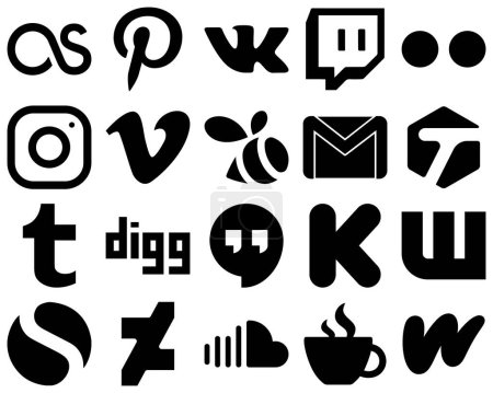 Ilustración de 20 Clean Black Solid Glyph Icons such as digg. tagged. mail and gmail icons. Modern and minimalist - Imagen libre de derechos