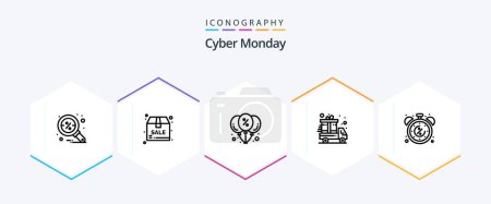 Illustration for Cyber Monday 25 Line icon pack including cyber. discount. balloon. delivery truck. present - Royalty Free Image