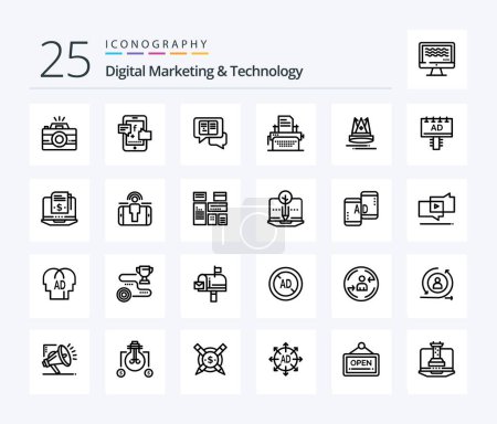Ilustración de Digital Marketing And Technology 25 Line icon pack including content. machine. chat. print. printer - Imagen libre de derechos