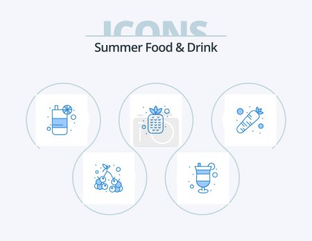 Téléchargez les illustrations : Summer Food and Drink Blue Icon Pack 5 Icon Design. carrot. healthy. summer. fruits. lemon - en licence libre de droit