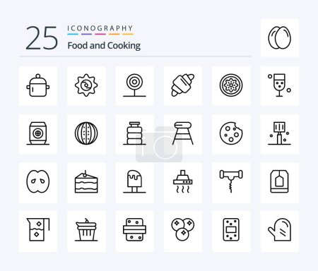 Téléchargez les illustrations : Food 25 Line icon pack including meal. drink. food. croissant. food - en licence libre de droit