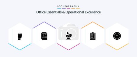 Téléchargez les illustrations : Office Essentials And Operational Exellence 25 Glyph icon pack including time. result. business. report card. success - en licence libre de droit