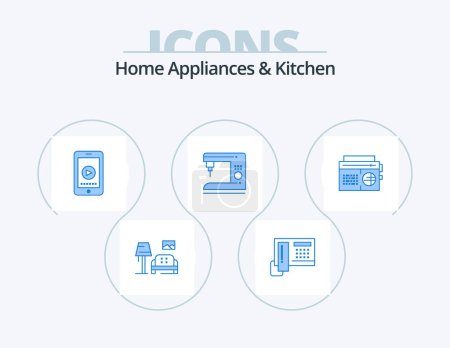 Téléchargez les illustrations : Home Appliances And Kitchen Blue Icon Pack 5 Icon Design. music. machine. phone. home. coffee - en licence libre de droit