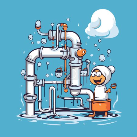 The girl washes the pipe in the bathroom. Vector illustration.