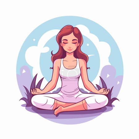 Téléchargez les illustrations : Femme méditant dans la pose du lotus. Illustration vectorielle dans le style dessin animé - en licence libre de droit