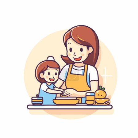 Illustration for Mother and daughter cooking together in the kitchen. Vector flat illustration. - Royalty Free Image