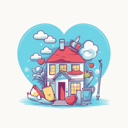 Téléchargez les illustrations : Jolie maison avec un cœur en arrière-plan. Illustration vectorielle. - en licence libre de droit