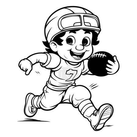 Téléchargez les illustrations : Illustration d'un petit joueur de football américain qui court avec le ballon - Livre à colorier - en licence libre de droit